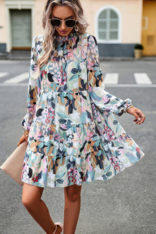 Ruffle Neck Abstract Print Long Sleeve Tiered Dress - Wear Arielle