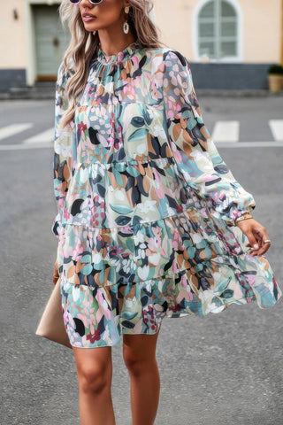 Ruffle Neck Abstract Print Long Sleeve Tiered Dress - Wear Arielle