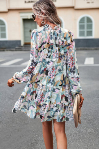 Ruffle Neck Abstract Print Long Sleeve Tiered Dress - Wear Arielle
