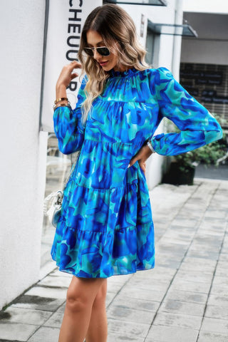Ruffle Neck Abstract Print Long Sleeve Tiered Dress - Wear Arielle