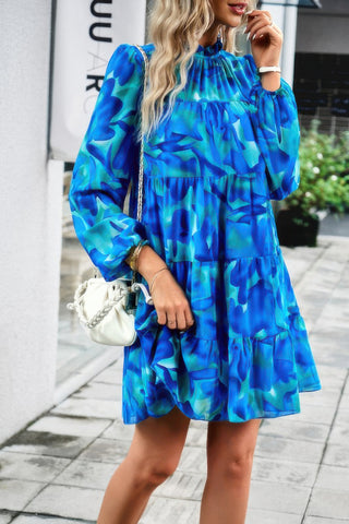 Ruffle Neck Abstract Print Long Sleeve Tiered Dress - Wear Arielle