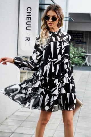 Ruffle Neck Abstract Print Long Sleeve Tiered Dress - Wear Arielle