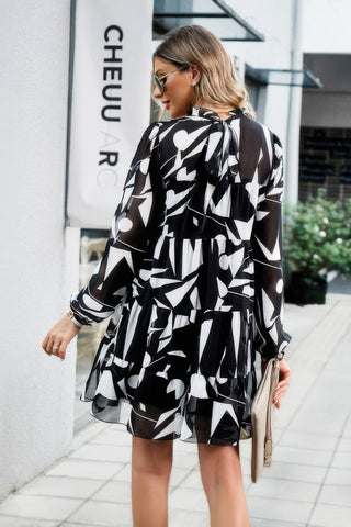Ruffle Neck Abstract Print Long Sleeve Tiered Dress - Wear Arielle