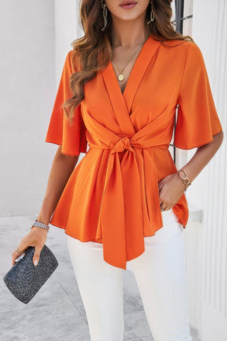 Peplum Tie Front Short Bell Sleeve Shirt - Wear Arielle