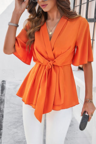 Peplum Tie Front Short Bell Sleeve Shirt - Wear Arielle