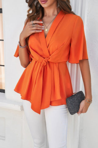 Peplum Tie Front Short Bell Sleeve Shirt - Wear Arielle
