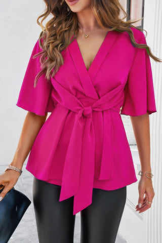 Peplum Tie Front Short Bell Sleeve Shirt - Wear Arielle