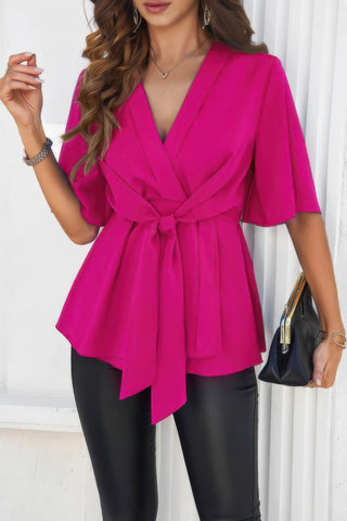 Peplum Tie Front Short Bell Sleeve Shirt - Wear Arielle