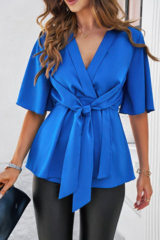 Peplum Tie Front Short Bell Sleeve Shirt - Wear Arielle