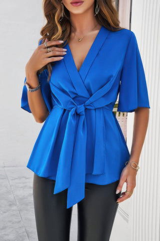 Peplum Tie Front Short Bell Sleeve Shirt - Wear Arielle