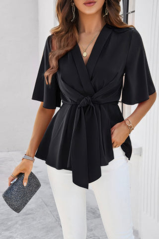 Peplum Tie Front Short Bell Sleeve Shirt - Wear Arielle
