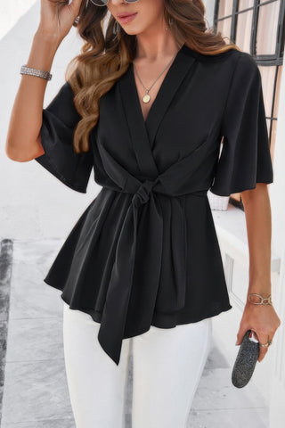 Peplum Tie Front Short Bell Sleeve Shirt - Wear Arielle