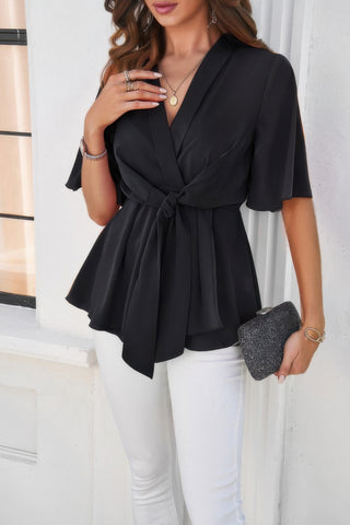 Peplum Tie Front Short Bell Sleeve Shirt - Wear Arielle