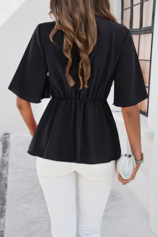 Peplum Tie Front Short Bell Sleeve Shirt - Wear Arielle