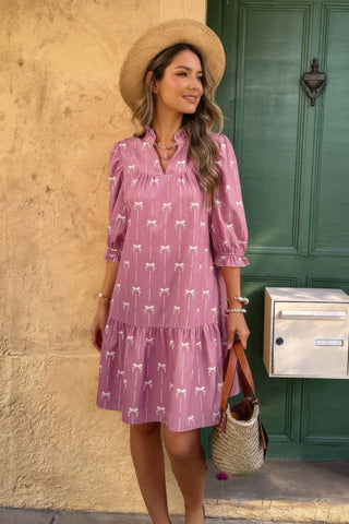 A Line Bow Ruffle V Neck Loose Fit Dress - Wear Arielle