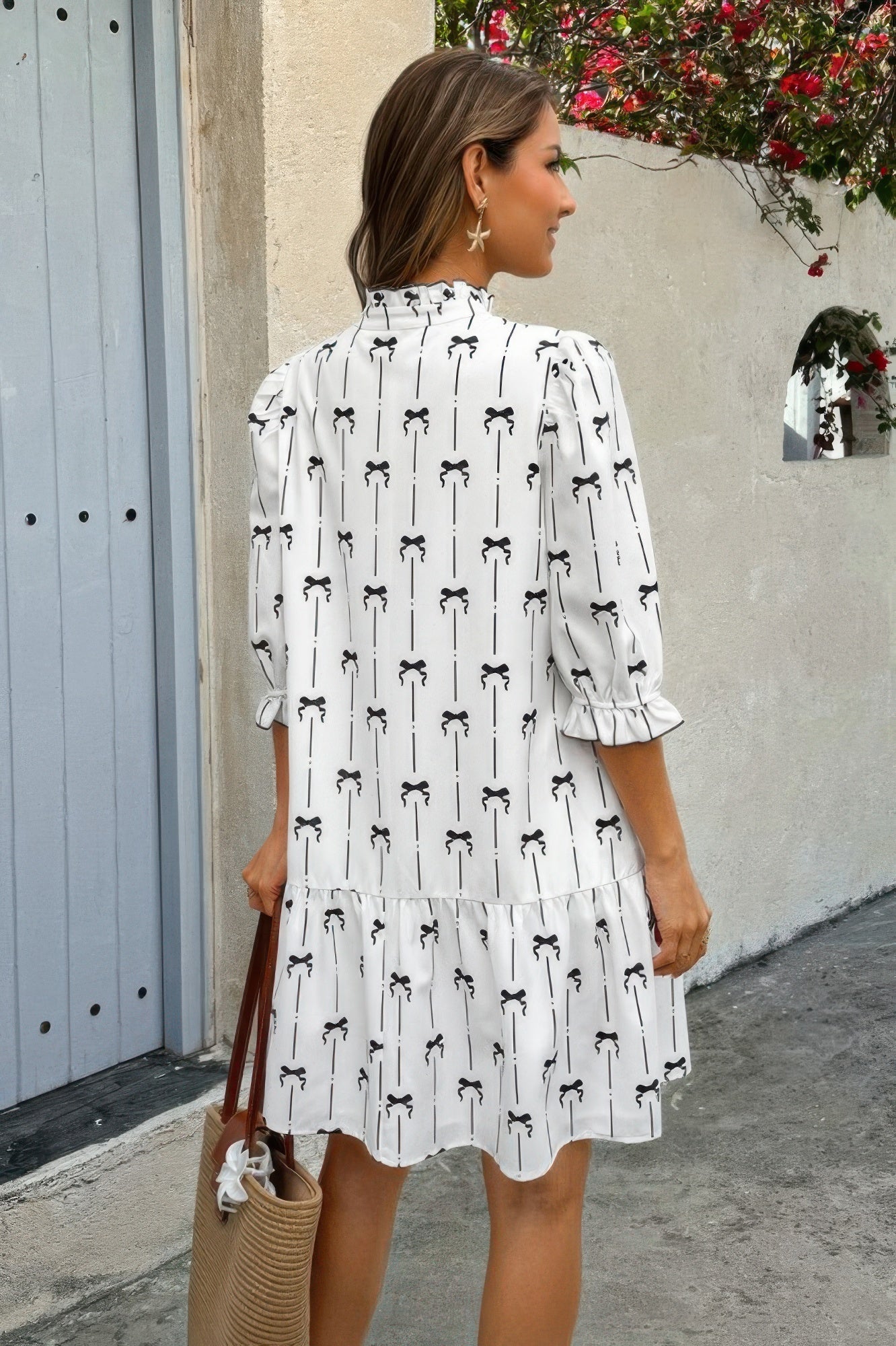 A Line Bow Ruffle V Neck Loose Fit Dress - Wear Arielle