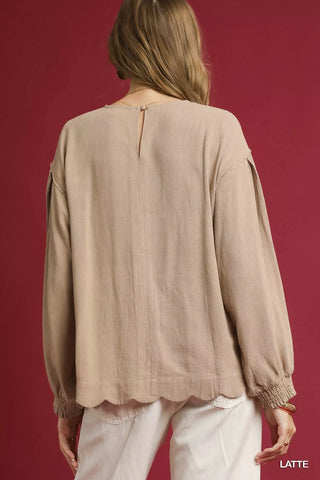 Linen Scallop Hem Long Sleeve Blouse brown - Wear Arielle