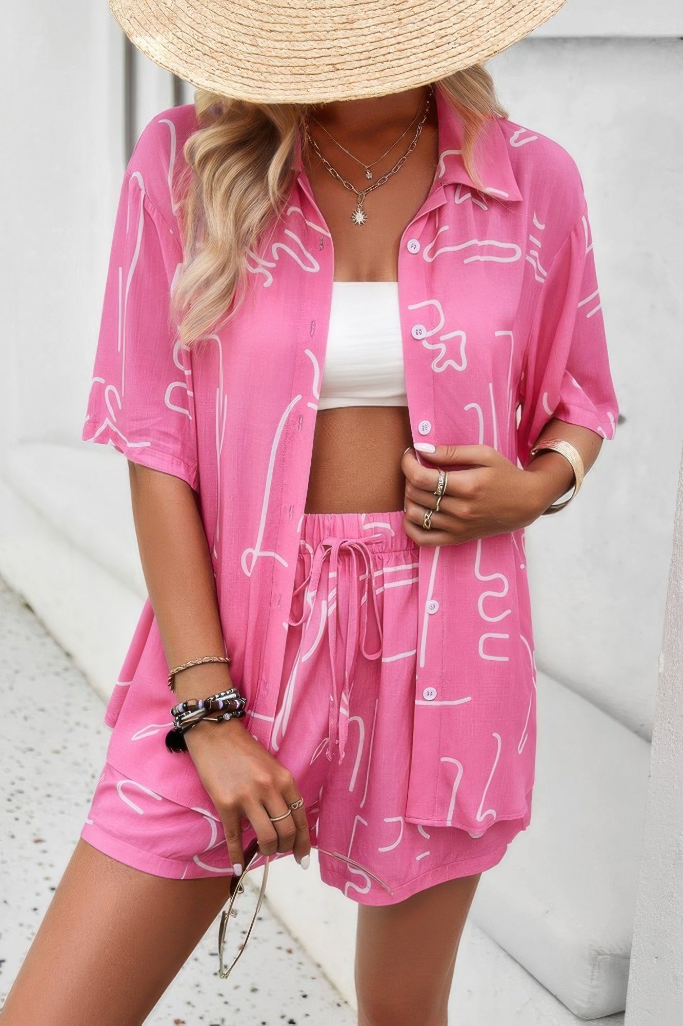 Allover Print Elastic Shorts Two Pieces Button Set - Wear Arielle
