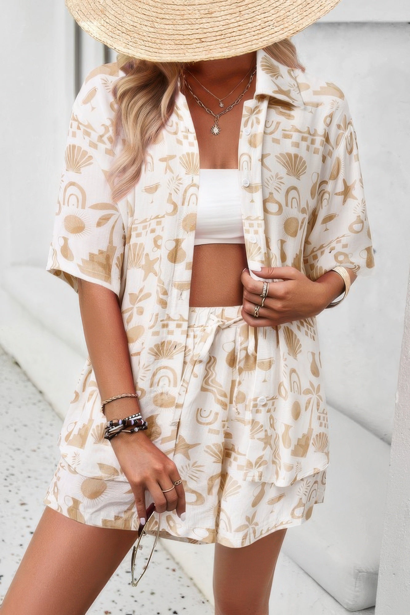 Allover Print Elastic Shorts Two Pieces Button Set - Wear Arielle