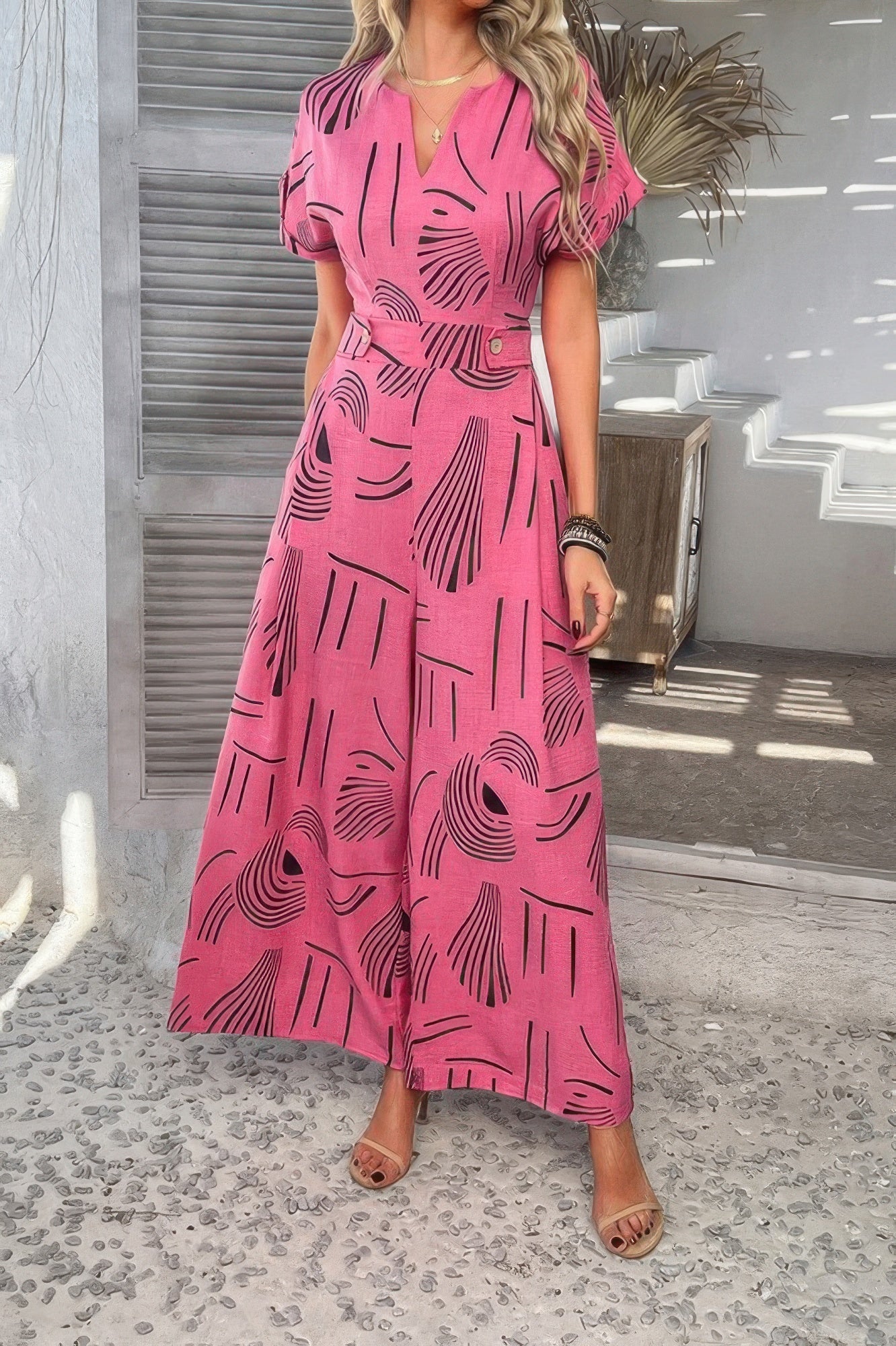 Allover Print V Neck Tie Waist Pockets Jumpsuit - Wear Arielle