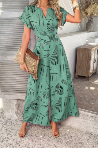 Allover Print V Neck Tie Waist Pockets Jumpsuit - Wear Arielle