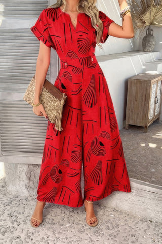 Allover Print V Neck Tie Waist Pockets Jumpsuit - Wear Arielle