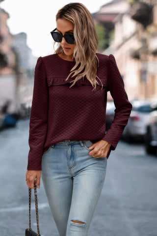 Back Ruffled Detail Crewneck Ruffle Pullover - Wear Arielle