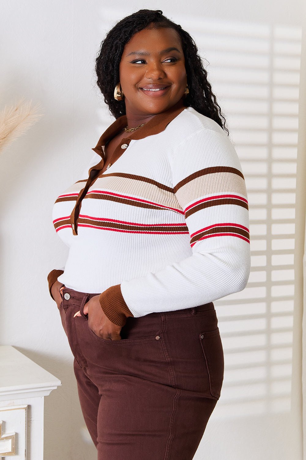 Basic Bae Striped Collared Neck Rib - Knit Top - Wear Arielle