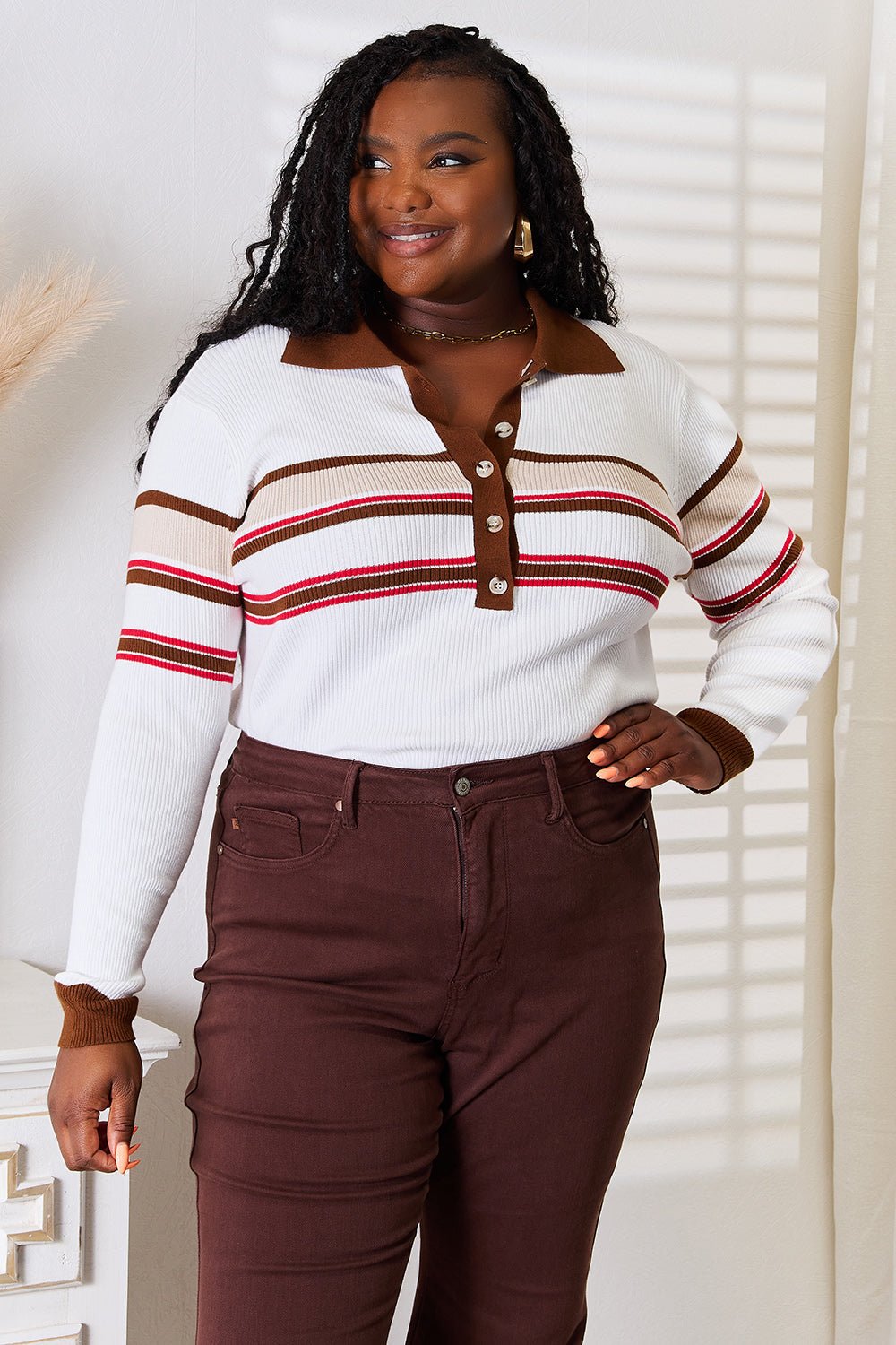 Basic Bae Striped Collared Neck Rib - Knit Top - Wear Arielle