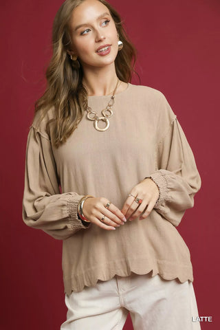 Linen Scallop Hem Long Sleeve Blouse brown - Wear Arielle