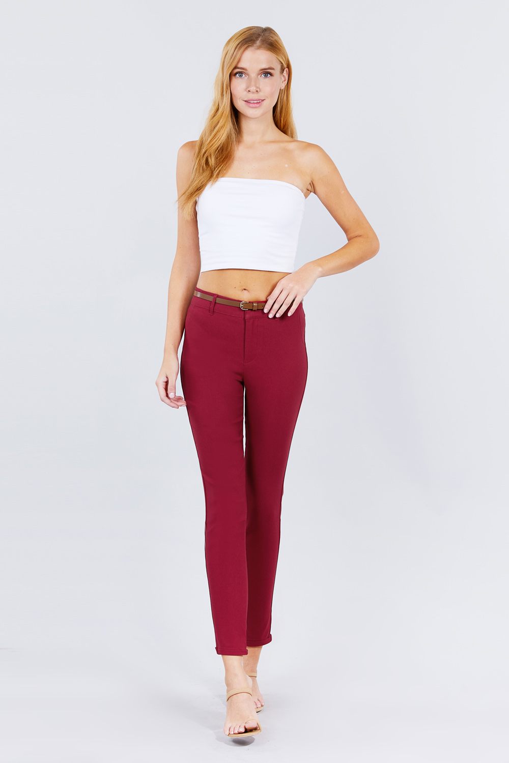 Belted Textured Long Pants - Wear Arielle
