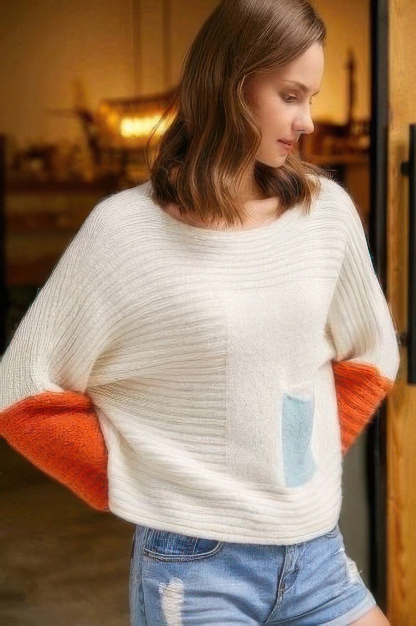 Boat Neckline Color Block Sweater - Wear Arielle
