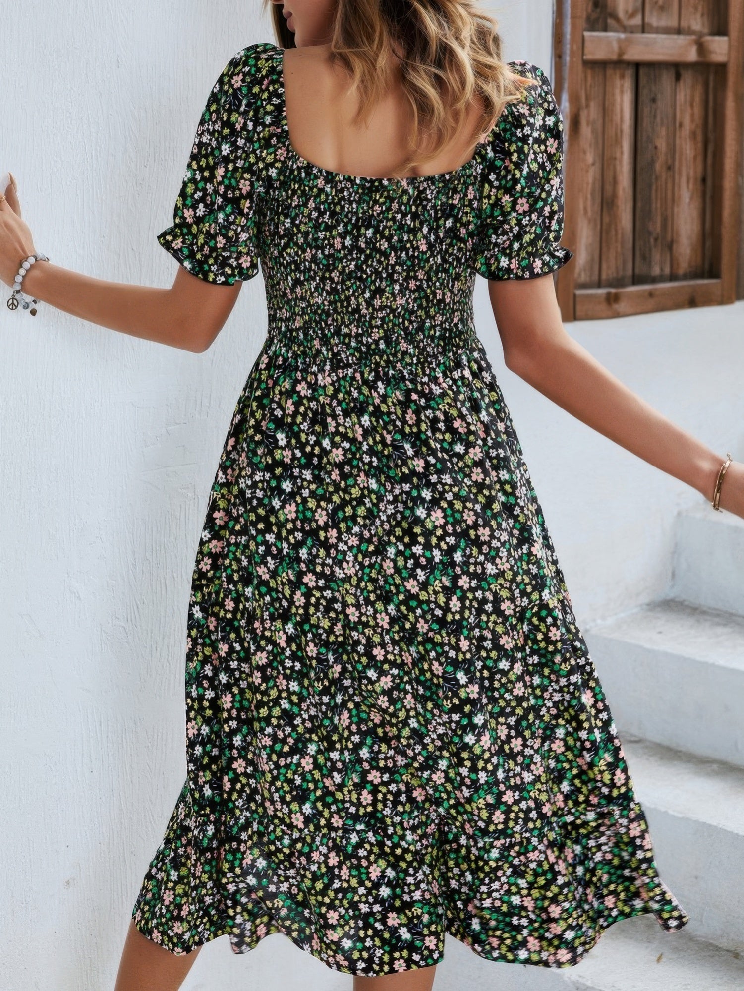 Bohemia Floral Puff Sleeve Flounce Sleeve Dress - Wear Arielle