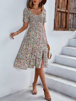 Bohemia Floral Puff Sleeve Flounce Sleeve Dress - Wear Arielle