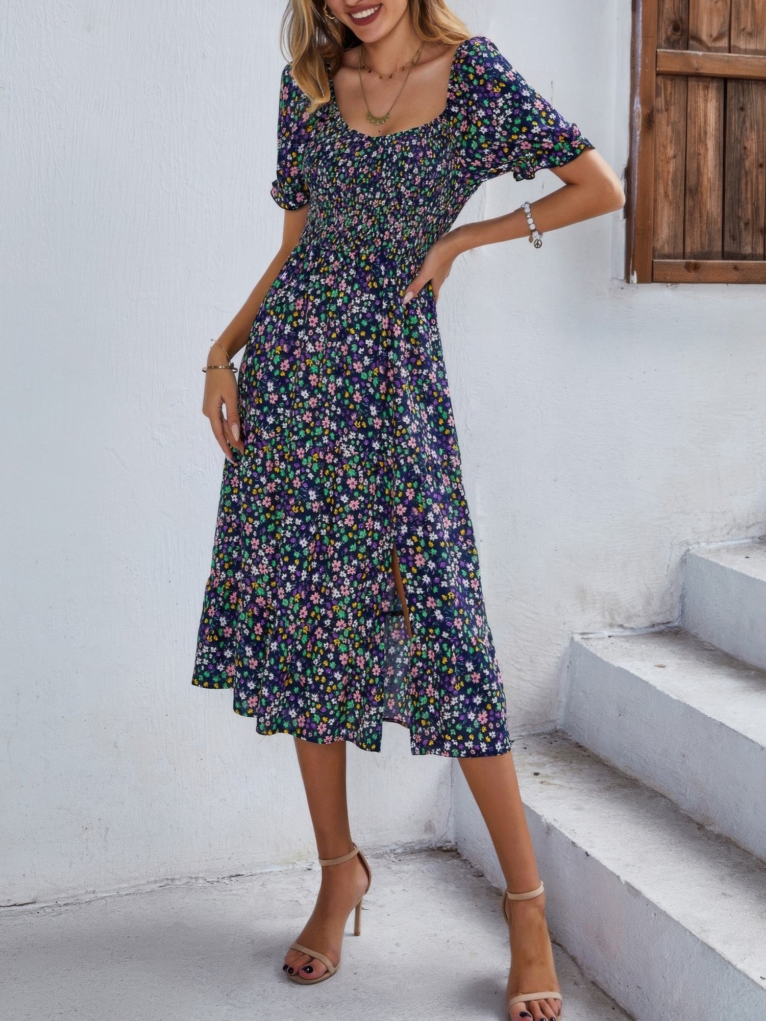 Bohemia Floral Puff Sleeve Flounce Sleeve Dress - Wear Arielle