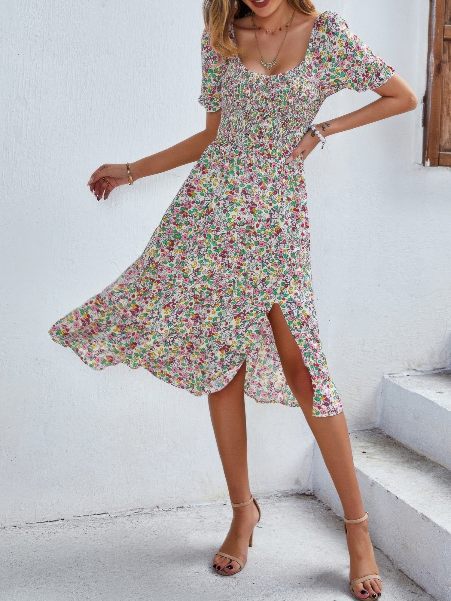 Bohemia Floral Puff Sleeve Flounce Sleeve Dress - Wear Arielle
