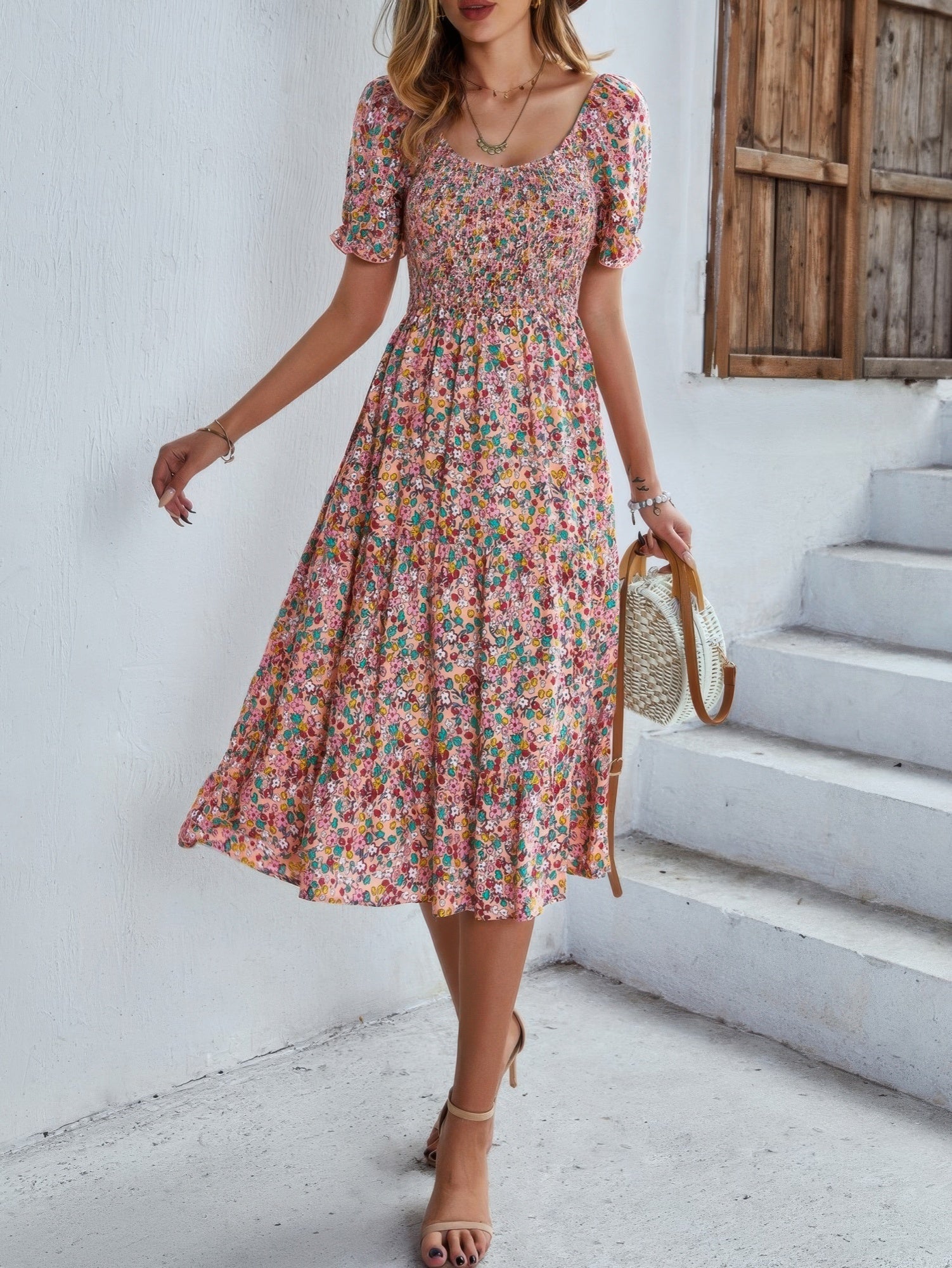Bohemia Floral Puff Sleeve Flounce Sleeve Dress - Wear Arielle