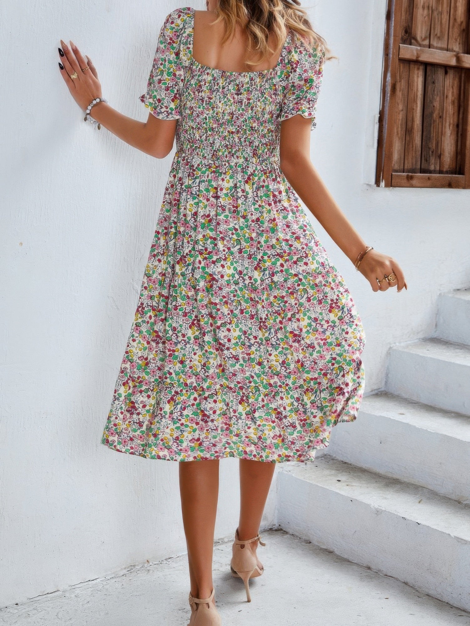Bohemia Floral Puff Sleeve Flounce Sleeve Dress - Wear Arielle