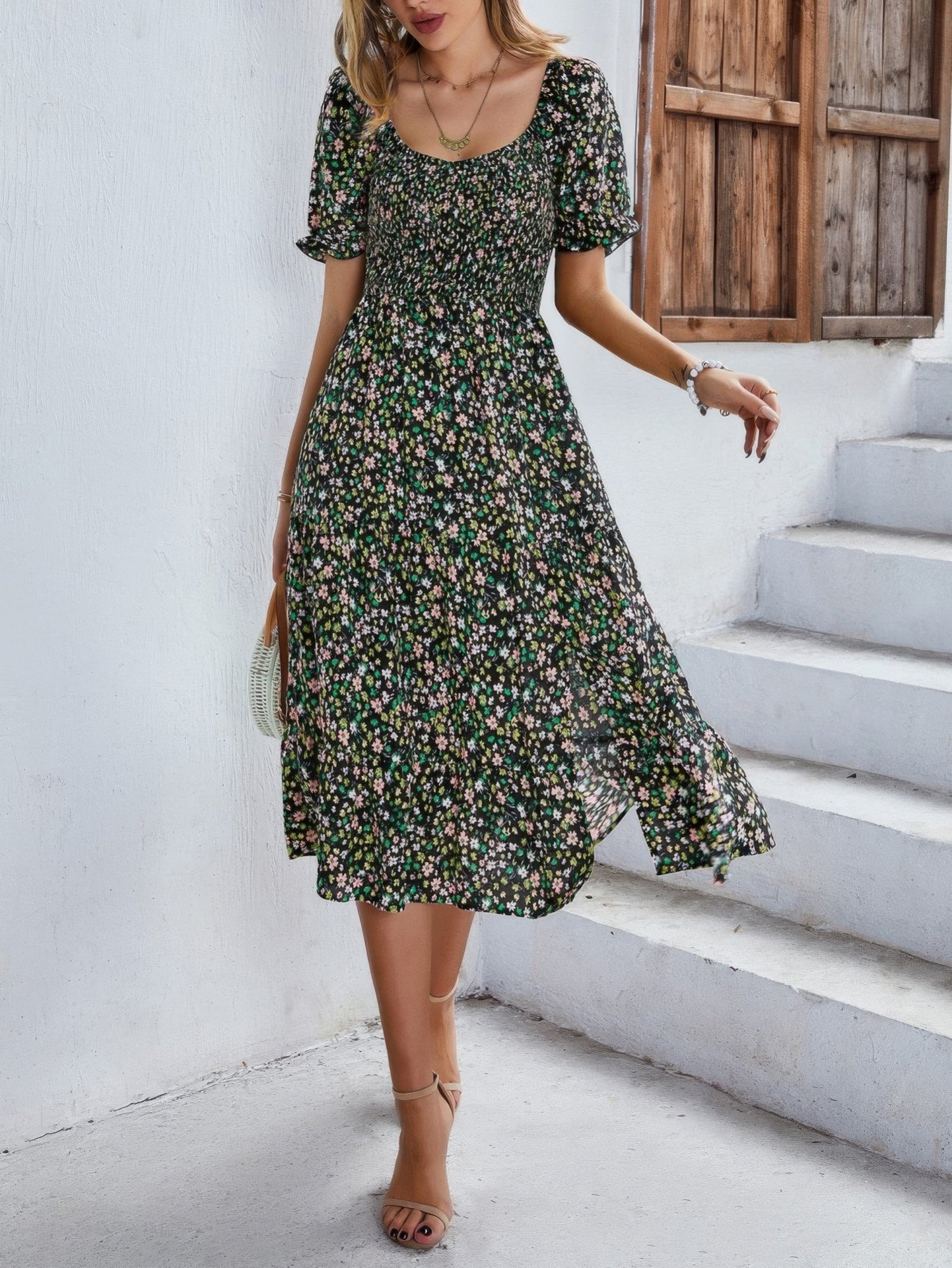 Bohemia Floral Puff Sleeve Flounce Sleeve Dress - Wear Arielle