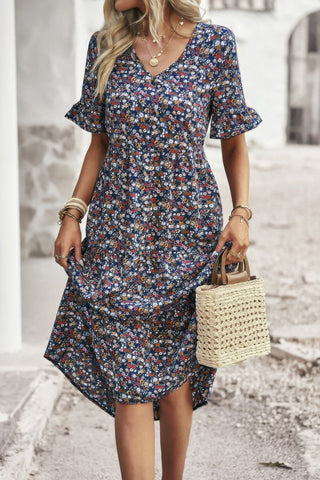 Boho Floral Ruffle Hem V Neck Short Sleeve Dress - Wear Arielle