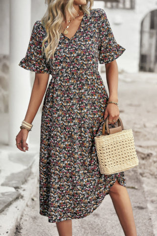 Boho Floral Ruffle Hem V Neck Short Sleeve Dress - Wear Arielle