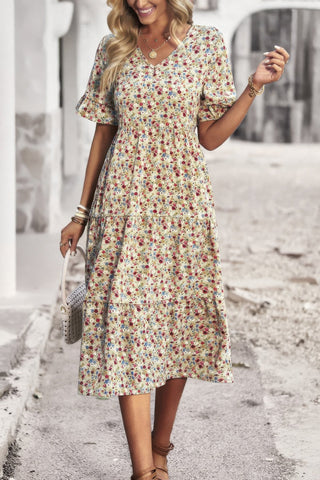 Boho Floral Ruffle Hem V Neck Short Sleeve Dress - Wear Arielle