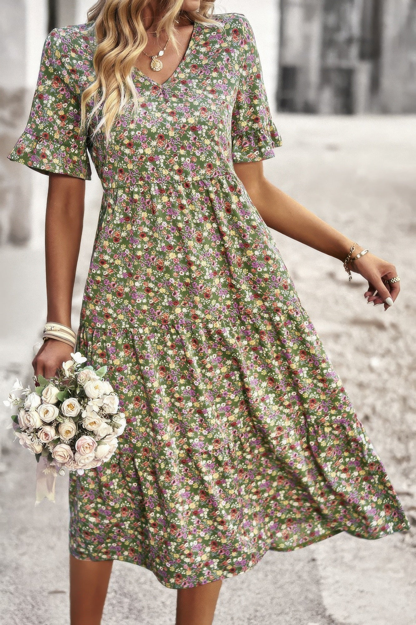 Boho Floral Ruffle Hem V Neck Short Sleeve Dress - Wear Arielle
