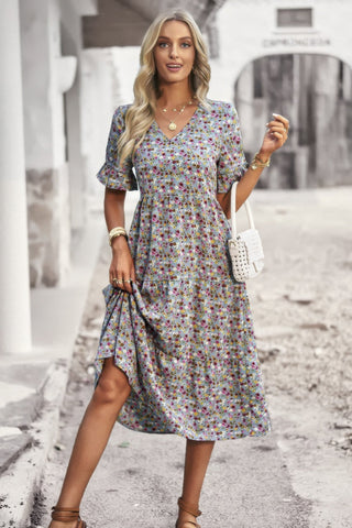 Boho Floral Ruffle Hem V Neck Short Sleeve Dress - Wear Arielle