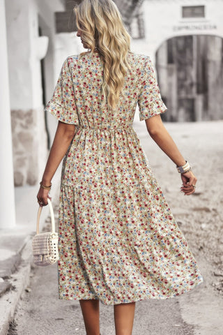 Boho Floral Ruffle Hem V Neck Short Sleeve Dress - Wear Arielle
