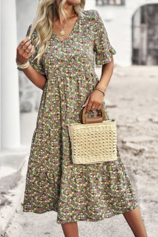 Boho Floral Ruffle Hem V Neck Short Sleeve Dress - Wear Arielle