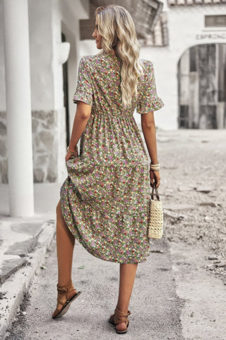 Boho Floral Ruffle Hem V Neck Short Sleeve Dress - Wear Arielle