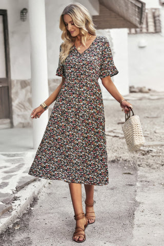 Boho Floral Ruffle Hem V Neck Short Sleeve Dress - Wear Arielle