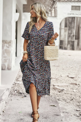 Boho Floral Ruffle Hem V Neck Short Sleeve Dress - Wear Arielle