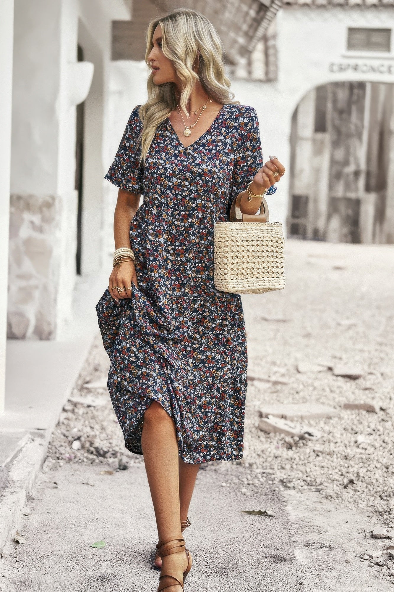 Boho Floral Ruffle Hem V Neck Short Sleeve Dress - Wear Arielle